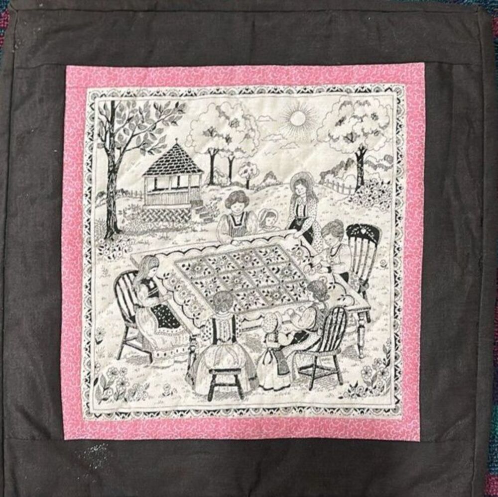 Vintage Quilted Wall Hanging Image of Women Quilting